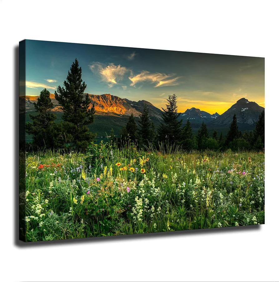 Sunset Nature Canvas Wall Art Flowers Field Picture Print Poster Prints Spices Herb Spoon Food Poster Wall Canvas Painting Wall Art for Bedroom Living Room Decor (12X18inch Framed)