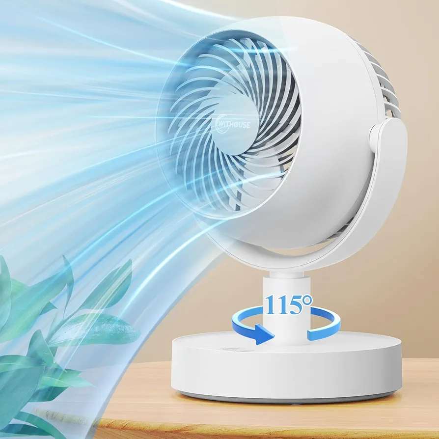 Air Circulator Desk Fan, Rechargeable+Auto Oscillating+Super Quiet, Portable Fan for Bedroom, 5 Speeds, Small Battery Fans Powered, Adjustable Tilt, 35db Low Noise for Room Home Office