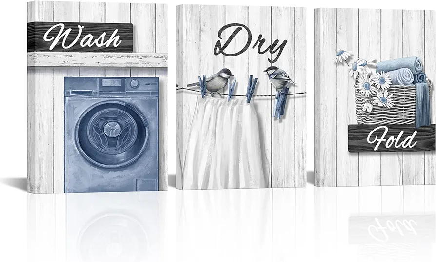 HOMEOART Laundry Room Decor Pictures Wash Dry Fold Laundry Decor Signs Laundry Wall Decor Framed Canvas Wall Art 12x16inchx3 Piece (Blue)