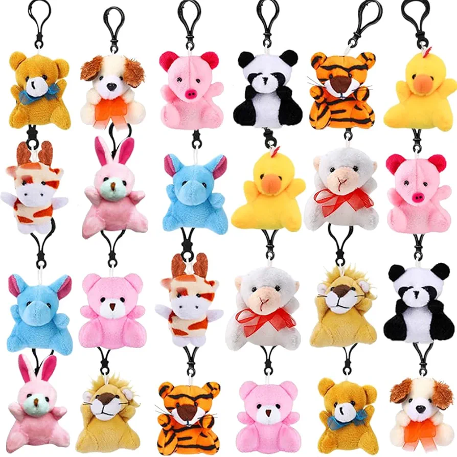 24 Pack Mini Plush Animals, Small Stuffed Animal Keychain Set for Kids Goodie Bag Fillers, Easter Basket Stuffers, Easter Party Favors, Classroom Prizes