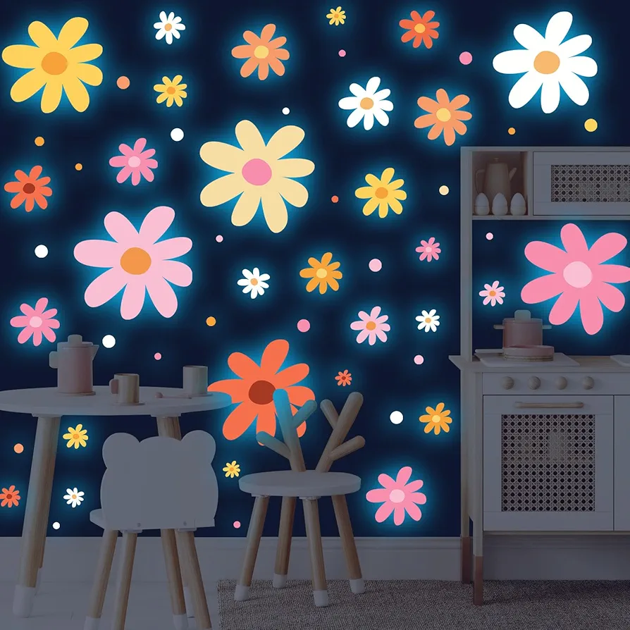 Glow in The Dark Big Daisy Wall Decals，Glowing Luminous Daisy Wall Stickers Colorful Removable self-Adhesive Flower Decals for Girls Bedroom Kids Baby Nursery Living Room Decoration