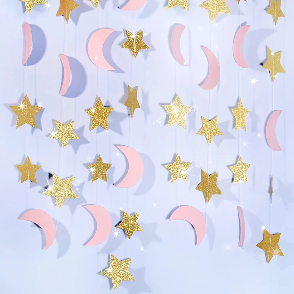 Moon and Stars Garland 2PCS Glitter Gold Twinkle Stars Pink Crescent Paper Garlands Hanging Decorations Girl Birthday Party Decorations Girl Baby Shower Decorations Pink Gold Nursery Room Decorations