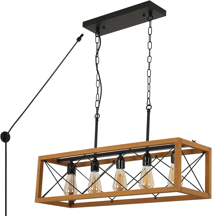 Rustic Kitchen Light Fixtures, Farmhouse Chandelier with Detachable Plug in Cord for Dining Room, Pool Table, Wood Linear Rectangular Pendant Light Fixtures Ceiling Hanging Black