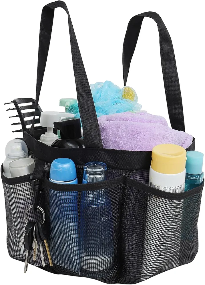 Mesh Shower Caddy Portable for College Dorm Room Essentials, Hanging Large Shower Tote Bag Toiletry Organizer with Key Hook for Bathroom Accessories(black)