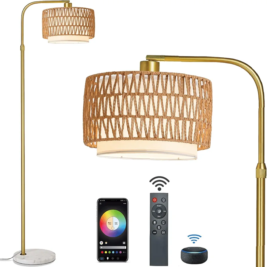 Marble Rattan Floor Lamps for Living Room, 1200 Lumens 15W Gold Floor Lamp with Remote Control, Adjustable Height Dimmable Floor Lamp for Bedroom, Rattan Standing Lamp Reading Tall Lamp