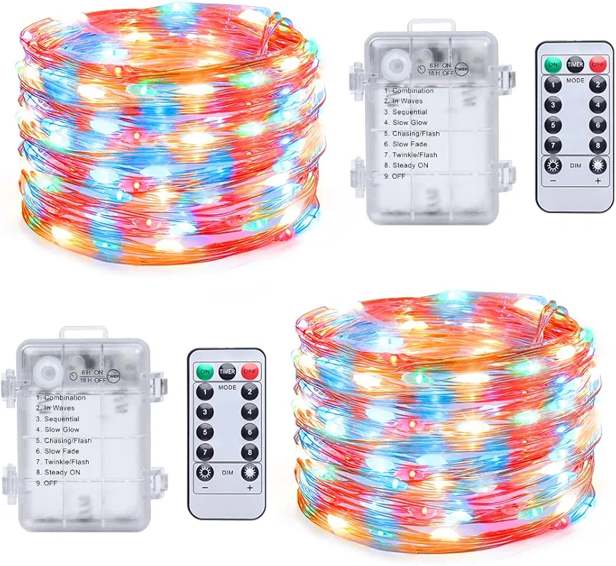 2 Set Multicolor Fairy Lights Christmas Twinkle Lights Battery Operated Waterproof Remote Control 100 LED String Lights 33FT Copper Wire Lights (Multi-Colored)