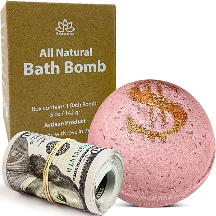 Cash Bath Bomb "Rich Blossom" with Real Money Inside - from $1 to $100 Large Mystery Surprise Gift - "White Gardenia" Fragrance for Women