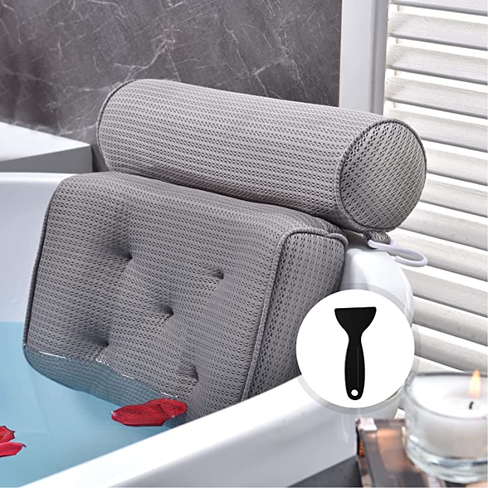 OMYSTYLE Bath Pillows for Tub, Bathtub Pillows with Soft 5D Air Mesh & 5 Large Suction Cups, Quick Dry Spa Bath Pillow for Neck, Head, Shoulder and Back Support - Soft, Non-Slip, Extra Thick | Gray