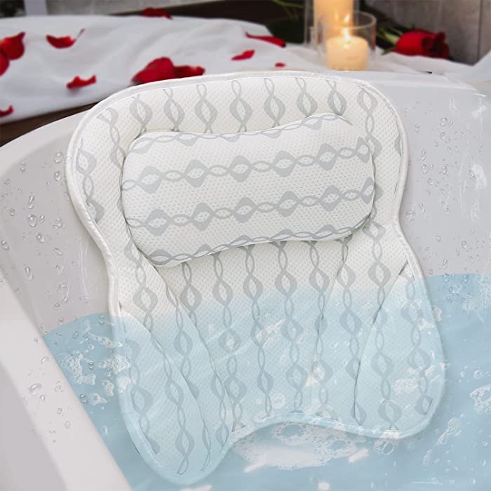 FALEJU Bath Pillow Bathtub Spa Tub Pillow Neck Head Support Pillow, Relaxing Headrest Bath Pillow with 4D Air Mesh and 6 Non-Slip Suction Cups, Bathtub Accessories Thicked Bath Pillow Fits All Bathtub