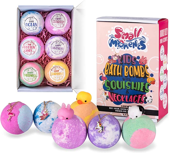 Bath Bombs for Kids with Surprise Squishy Toys and Necklaces Inside, Kids Bath Bombs for Girls/Boys/Women/Christmas, 6 XL Lush Bubble Bath Bomb Kit, Gift Set, Handmade with Shea Butter, Kid Safe