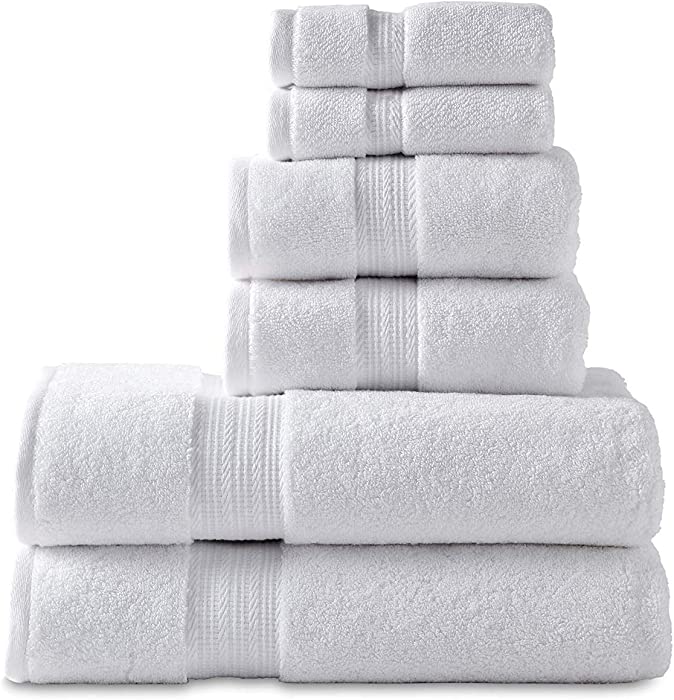 804 GSM 6 Piece Towels Set, 100% Cotton, Premium Hotel & Spa Quality, Highly Absorbent, 2 Bath Towels 27" x 54", 2 Hand Towel 16" x 28" and 2 Wash Cloth 12" x 12". White Color