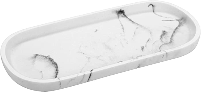 Luxspire Bathroom Vanity Tray, Toilet Tank Oval Storage Tray, Resin Handmade Bathroom Bathtub Kitchen Dresser Countertop Organizer for Soap Shampoo Candles Towel Plant Jewelry Ring Dish, Gravel White