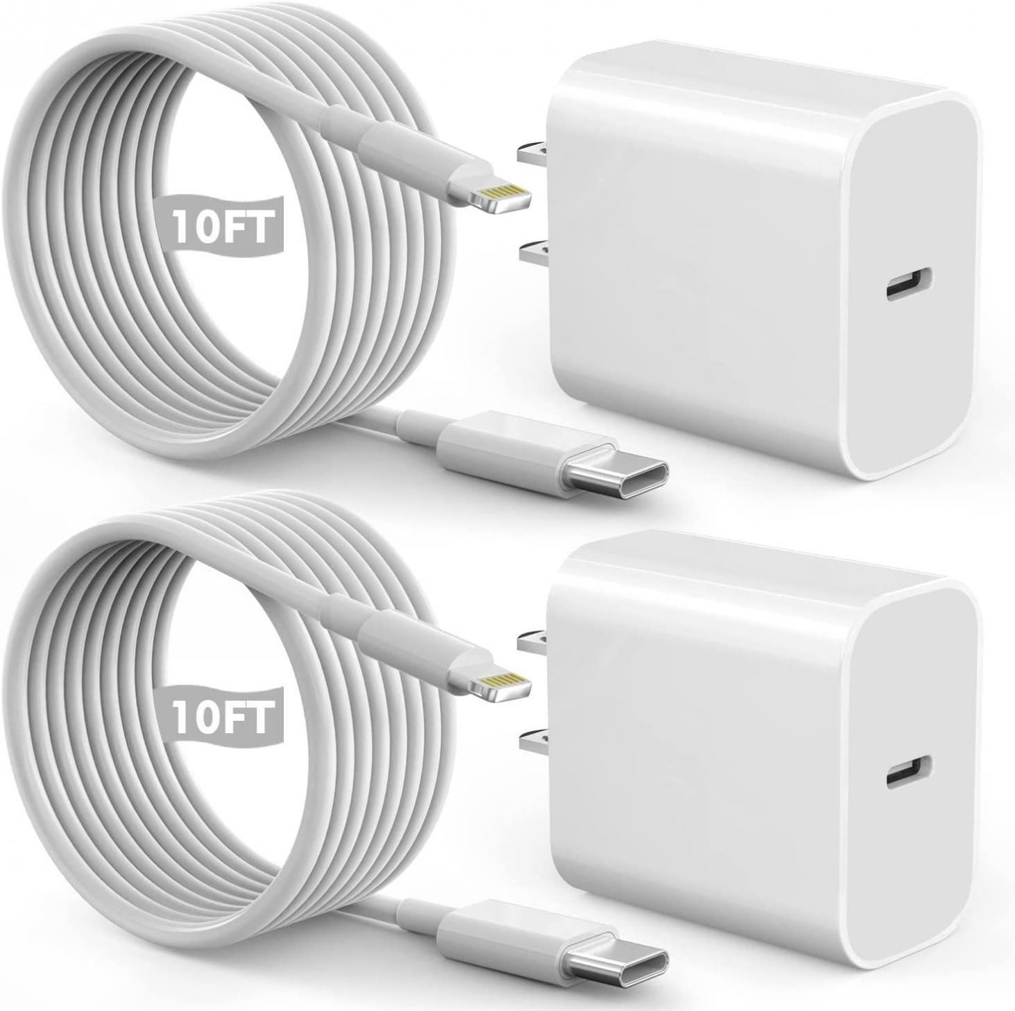 Fast iPhone Charger, Quick 10Foot USBC Wall Charger【Apple MFi Certified】2Pack 20W PD USB C Fast Charger Block + 10FT Lightning Fast Charging Cable for iPhone 14/Pro/Pro Max/Plus/13/12/11/XS/XR/X/iPad