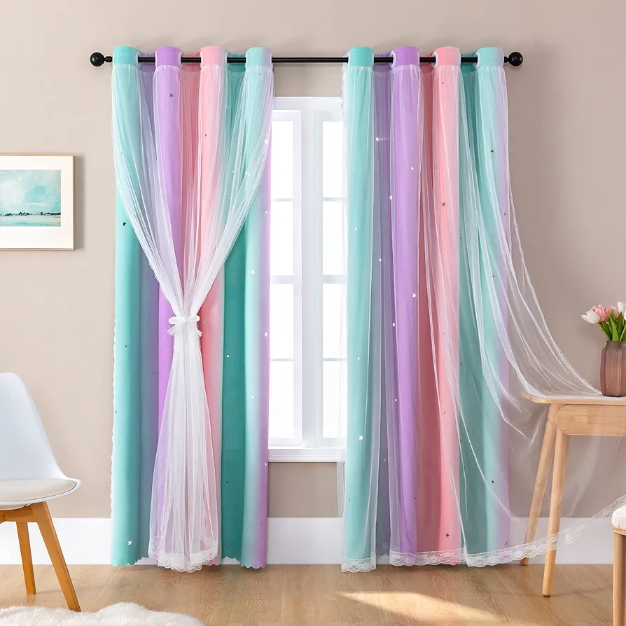 XiDi Dream Star Blackout Curtains for Kids Rooms Girl Princess Curtain for Daughter Bedroom Window (Pink Purple Green, W34 X L72)