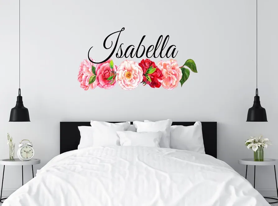 Flower Custom Name Wall Decal - Floral Peonies Roses Camellias Art Decor Flowers Stickers Home Nursery Decoration (Small Wide 20inchx9inch Height)