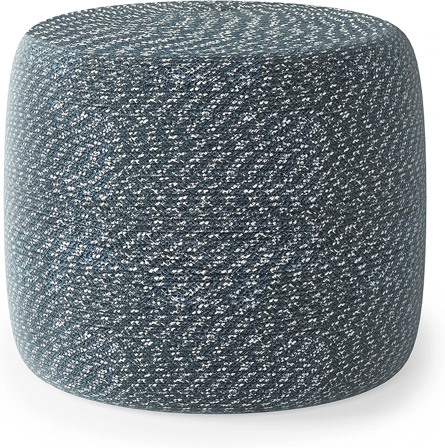 SIMPLIHOME Bayley Round Braided Pouf, Footstool, Upholstered in Aegean Blue, Natural Hand Braided Cotton, for the Living Room, Bedroom and Kids Room, Transitional, Modern