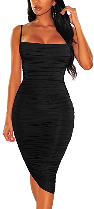 BEAGIMEG Women's Ruched Backless Spaghetti Strap Bodycon Party Club Midi Dress