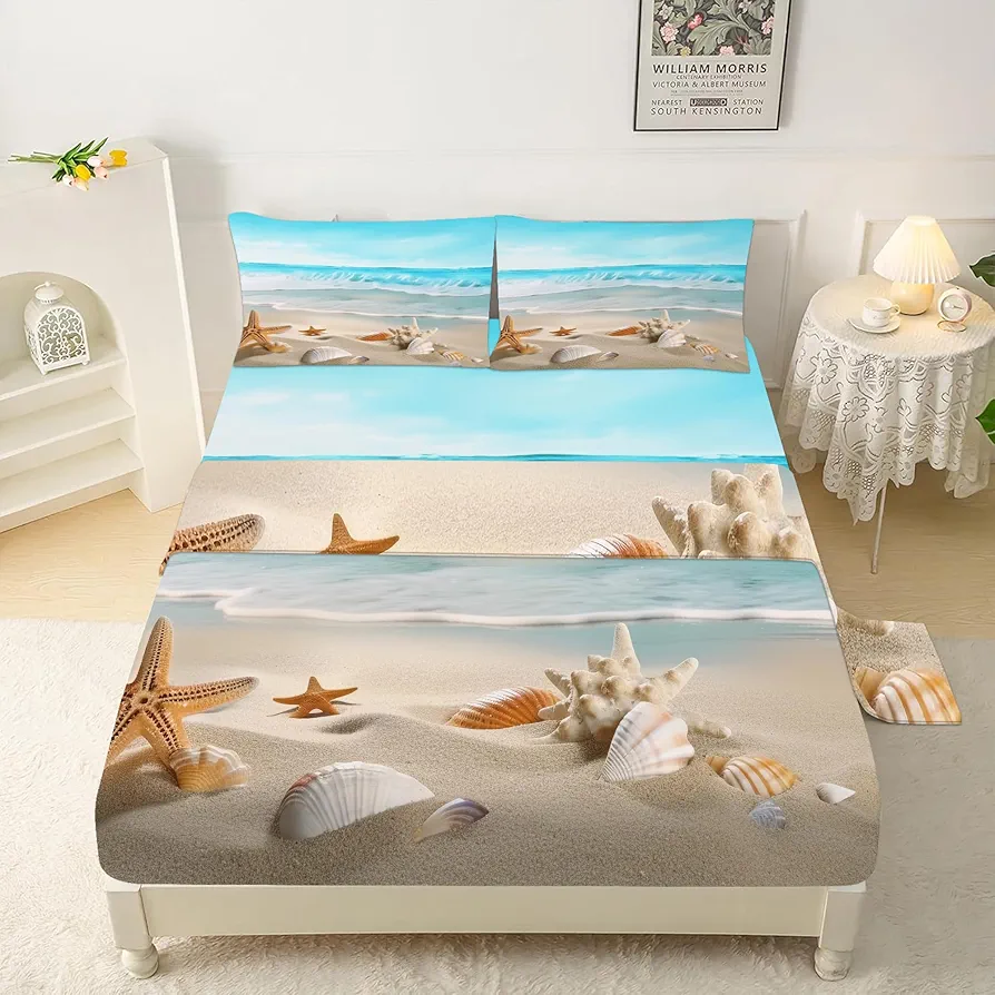 Ocean Bed Sheets Sets Full Beach Fitted Sheets Coastal Nature Theme Pattern Teal Flat Sheet Boys Girls Hawaiian Top Sheet Starfish Sheet Set 2 Pillow Cases, Blue Room Decor