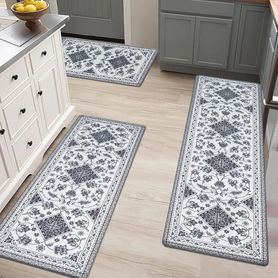 ASPMIZ Boho Kitchen Rugs Sets of 3 with Runner Non-Slip, Gray Kitchen Floor Mats Waterproof, Farmhouse Laundry Room Rubber Mat for Bathroom Entryway Hallway, 18'' x 60'' + 18'' x 48'' + 18'' x 30''