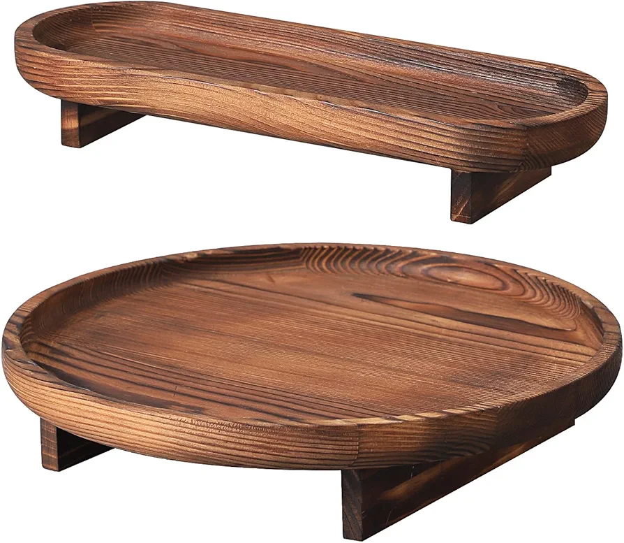 Round Wooden Decorative Tray, 2 Pcs Tray for Coffee Table, Bathroom Vanity Tray, Kitchen Counter Tray, Rustic Wood Tray Decor, Round Serving Tray, Coffee Table Decor for Living Room(Dark)