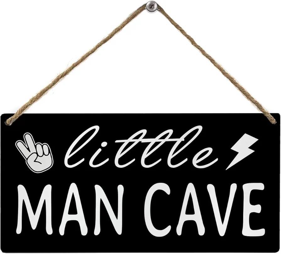 Little Man Cave Wood Wall Hanging Tags,Boys Room Nursery Wall Sign Decor,Black Wooden Tag Sign for Little Boy Bedroom Toddler Room Playroom,12x6Inch