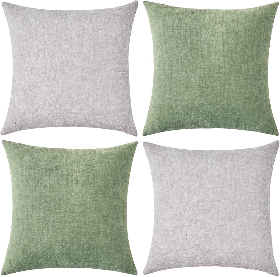 Pack of 2 Couch Throw Pillow Covers 20x20 Inch Soft Square Chenille Pillow Cover for Sofa Living Room Bedroom Car Solid Dyed Pillow Cases (Only Pillowcases) 50x50cm,Green, Ligth Grey