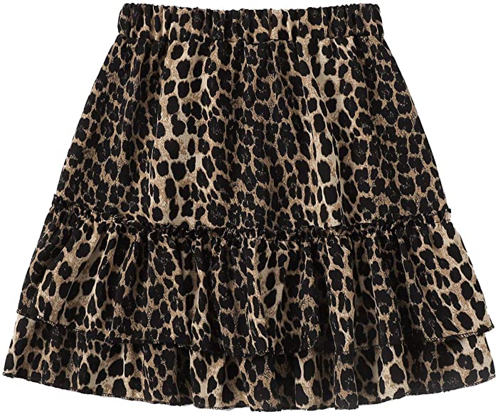 SheIn Women's Leopard Print Drawstring Waist Layer Ruffle Hem Short Skirt