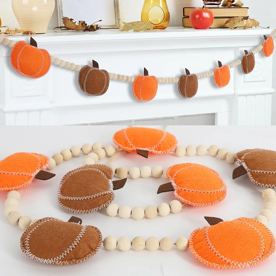 DAZONGE Fall Decor, Fall Decorations for Home, Felt Pumpkin Garland and Wood Bead for Fall Decorations Indoor, Fall Pumpkin Banner for Mantle Wall Decor