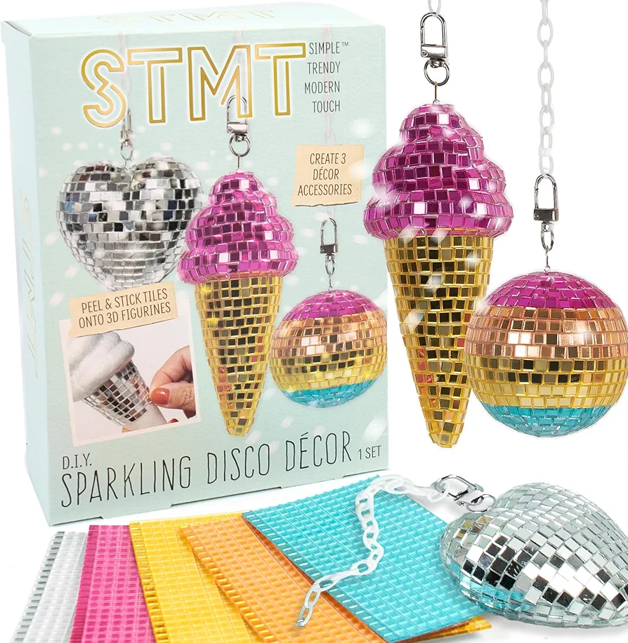 STMT DIY Sparkling Disco Décor, Make Your Own Mini Disco Ball, Heart, Ice Cream Cone, Aesthetic Room Decor for Teen Girls, Fun Y2K Party Decorations, Creates Funky Decor & Keychains, Arts & Crafts