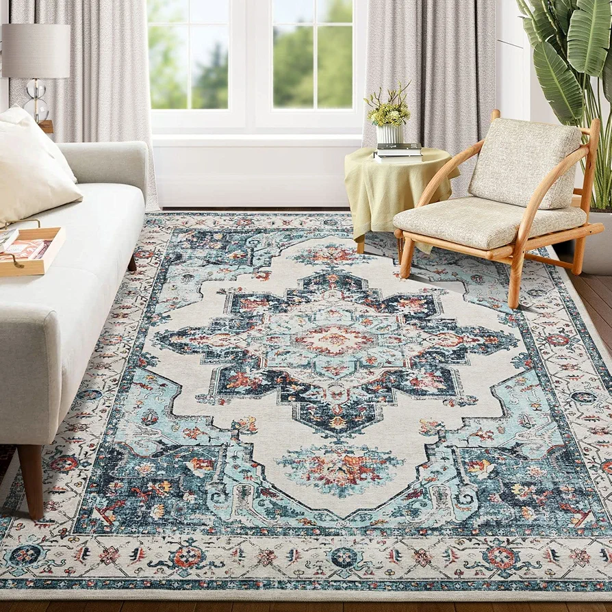 Area Rugs Living Room Rug 8x10 Washable Rug Carpet Boho Bohemian Non-Slip Large Area Rugs for Bedroom Dining Room Farmhouse Office Home Decor, Durable Accent Rug Rectangle Vintage Rug, Cream/Blue