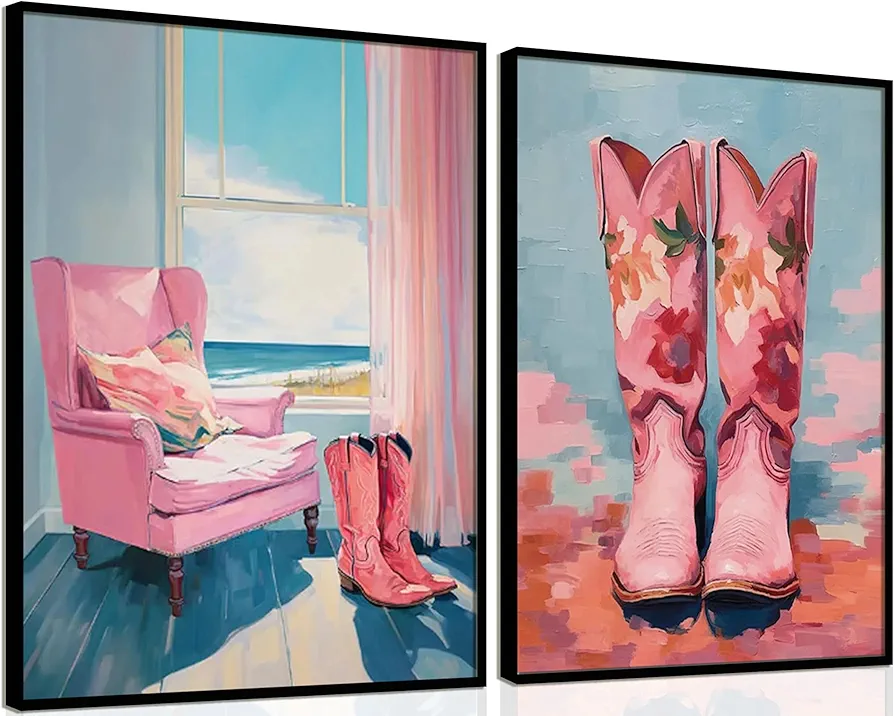 2pcs Pink Cowgirl Boots Wall Art Abstract Coastal Apartment Posters Aesthetic Western Cowboy Girl Painting Print Beach Picture trendy Pink Preppy Canvas Painting Dorm Room For Home Room Decor unframed