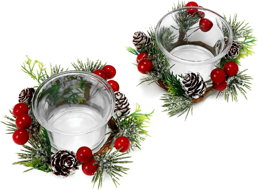 Christmas Votive Candle Holders with Snowy Pinecone Berry Candle Ring, Decorative Glass Tealight Candle Holder Set of 2 for Home, Wedding, Living Room and Bedroom Decor(Exclude Candles)