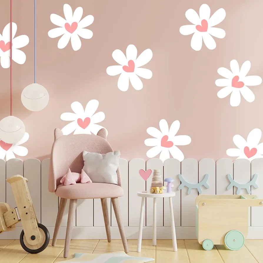 12 Sheets Daisy Wall Stickers Peel and Stick Pink Heart Decals for Room Decor Large Boho White Flower Wallpaper Decal for Kids Girls Nursery Furniture Dresser Bedroom Playroom Living Room Walls Window