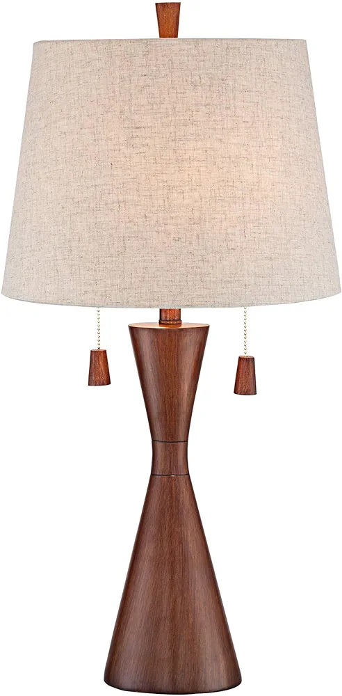 360 Lighting Omar Modern Table Lamp 28 3/4" Tall Warm Brown Wood Hourglass Oatmeal Fabric Tapered Drum Shade for Bedroom Living Room House Home Bedside Nightstand Office Entryway Kids Family