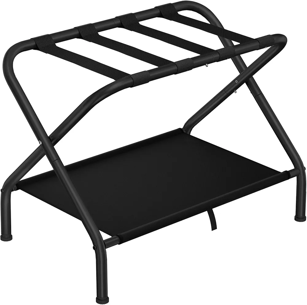 Dunatou Luggage Rack, Suitcase Stand with Storage Shelf, Luggage Stand for Guest Room, Hotel, Bedroom, Hold up to 200 lb, Black, Installation Method is Simpler than Before