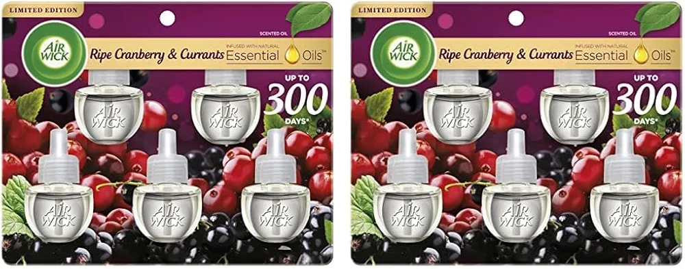 Air Wick Plug in Scented Oil Refill, 5 ct, Ripe Cranberry and Currants, Air Freshener, Essential Oils, Fall Scent, Fall decor (Pack of 2)