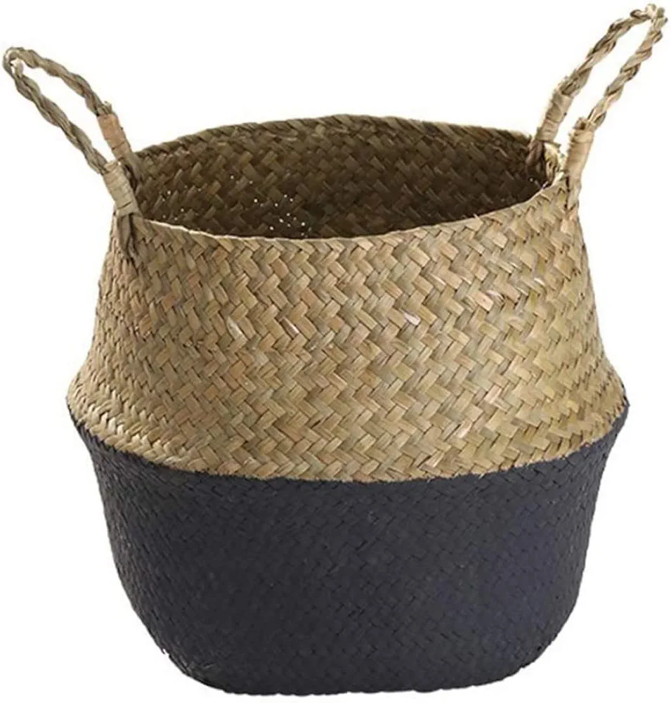 Flower Basket Seagrass Storage Basket Woven Plant Pot Organizer for Laundry Home Living Room Bedroom Black Storage Basket