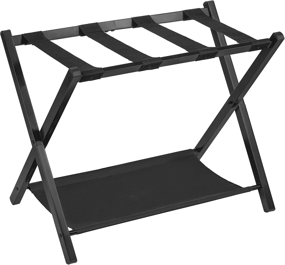 Heybly Luggage Rack,Pack of 1,Steel Folding Suitcase Stand with Storage Shelf for Guest Room Bedroom Hotel,Black,HLR005B1