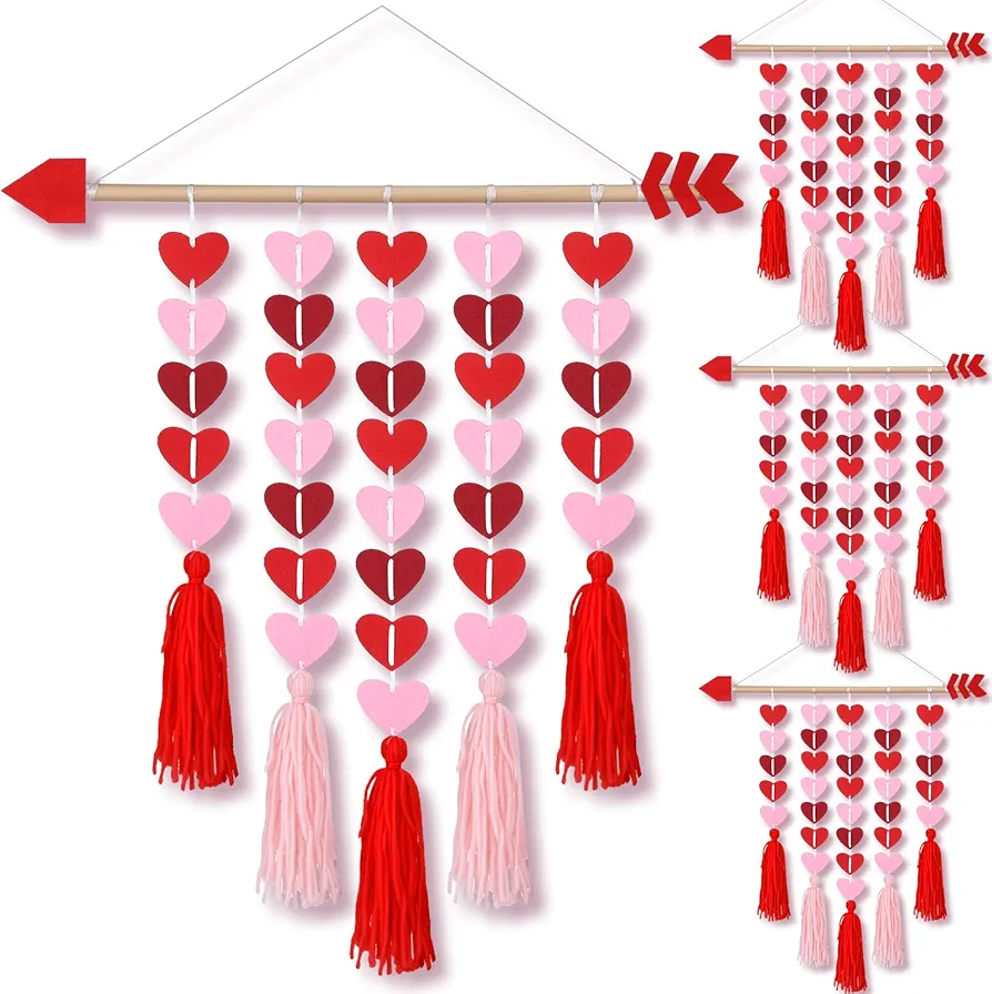 4 Sets Valentine's Day Tassel Garland Red Pink Felt Heart Hanging String Garlands Boho Cupid Wooden Valentines Hanging Decorations for Wedding Home Bedroom Nursery Living Room Decoration