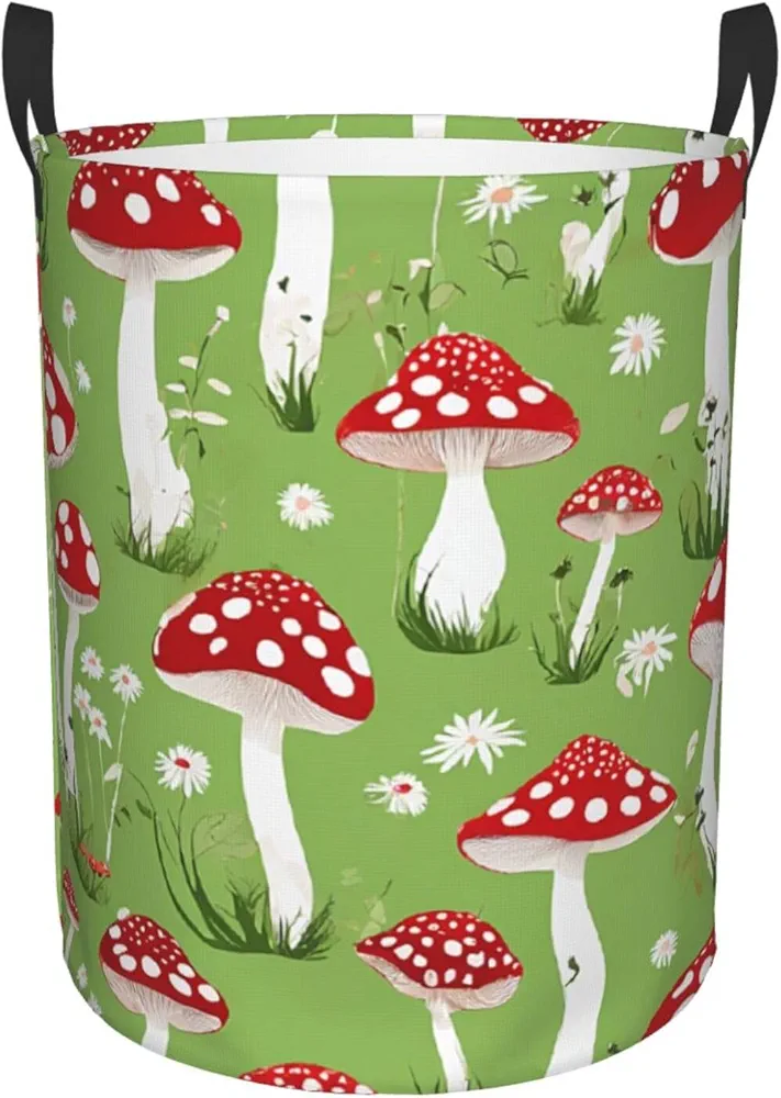 Laundry Baskets with Handles Waterproof Small inches Storage Basket, Collapsible Laundry Hampers, Laundry Room Organization & Apartment Essentials - Cartoon Mushrooms