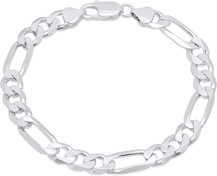 Verona Jewelers Mens Italian Sterling Silver Solid Figaro Link Chain Bracelet 10MM, 7.5MM, 6.8MM .- 925 Figaro Bracelet, Men's Sterling Silver Italian Link Bracelet