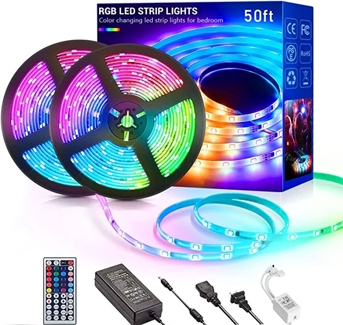 CHARKEE LED Lights for Bedroom 50 ft, Color Changing LED Strip Lights with 44-Key Remote, 12 Volt RGB SMD5050 Tape Lights for Bedroom, Room Decor, Indoor,IG,TikTok,DIY(44key Remote+25ftX2)