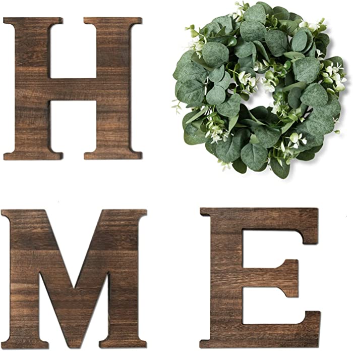 Yoleshy Wooden Home Sign with Artificial Eucalyptus Wreath for O, 9.8'' Home Letters with Wreath for Wall Hanging Decor, Rustic Wall Letters Decor for Living Room, Entry Way, Kitchen, Etc (Brown)