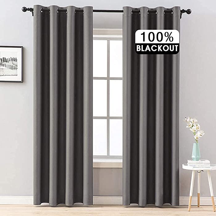 MIULEE 100% Blackout Curtains Thermal Insulated Solid Grommet Curtains/Drapes/Shades for Bedroom Living Room 2 Panels, 52" x 84", Grey