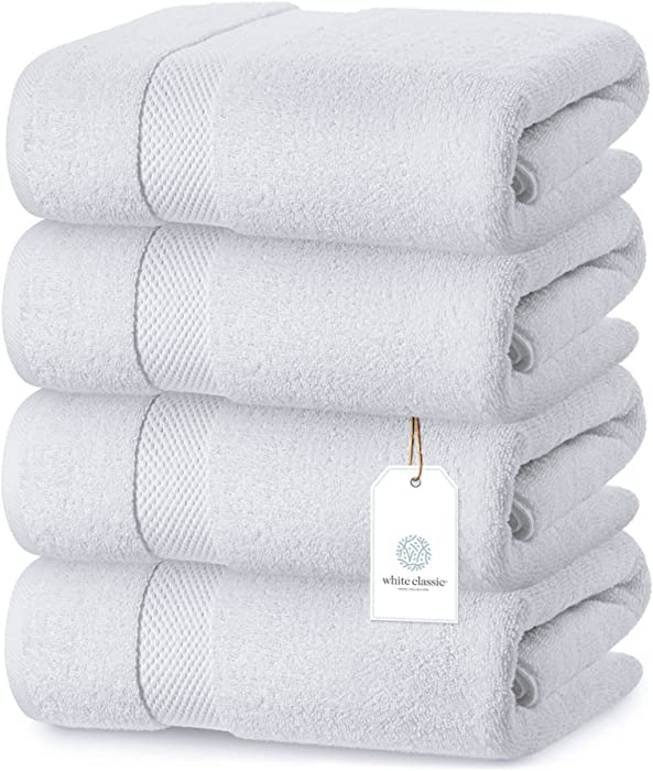 White Classic Luxury Cotton Bath Towels Large - | Highly Absorbent Hotel spa Collection Bathroom Towel | 27x54 Inch | Set of 4 (White, 4)