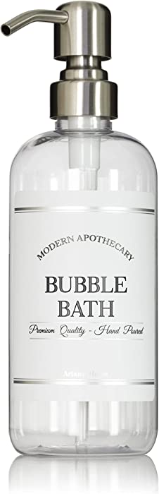 Refillable Clear PET Plastic 16 oz Bubble Bath Bottle with Stainless Steel Pump Dispenser - Chrome Accent Waterproof Labeled Bottle