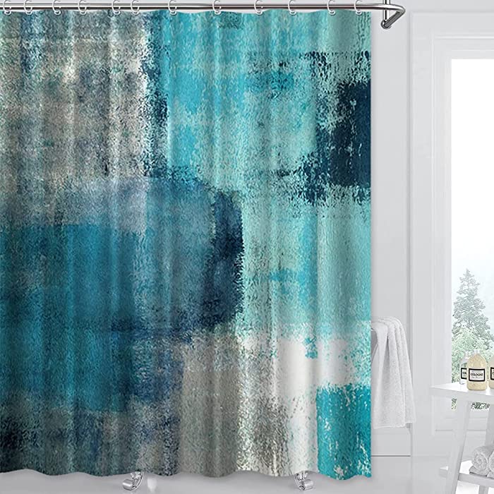 Abstract Watercolor Shower Curtain Turquoise Grunge Aesthetic Fabric Bath Curtain Brush Marks Pattern Bathroom Decor Curtain