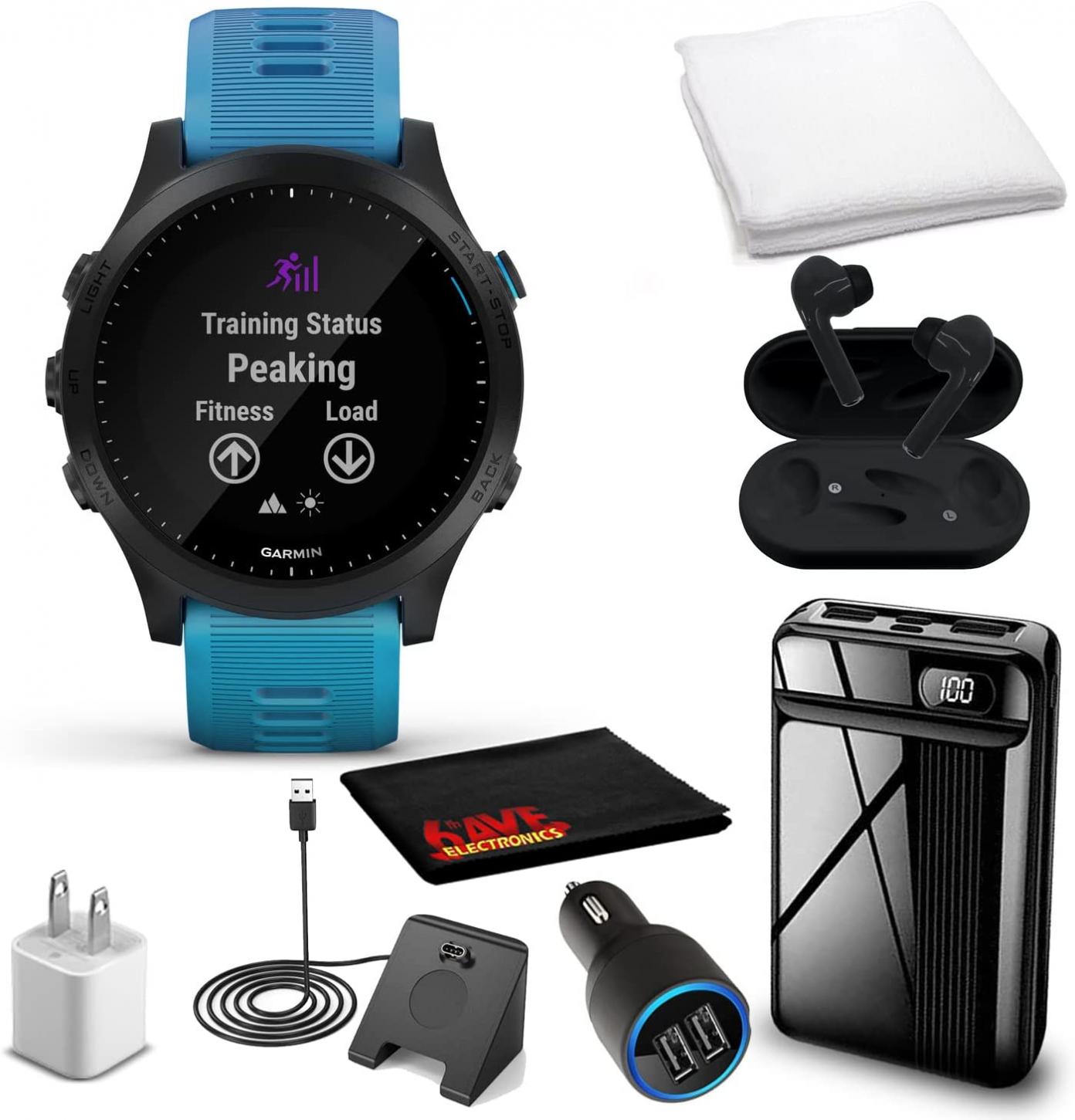 Garmin Forerunner 945 Premium GPS Watch with Music-Blue + USB Car/Wall Adapter + Charging Stand + Wireless Bluetooth Headphones + White Towel (Advanced Bundle) (010-02063-10)