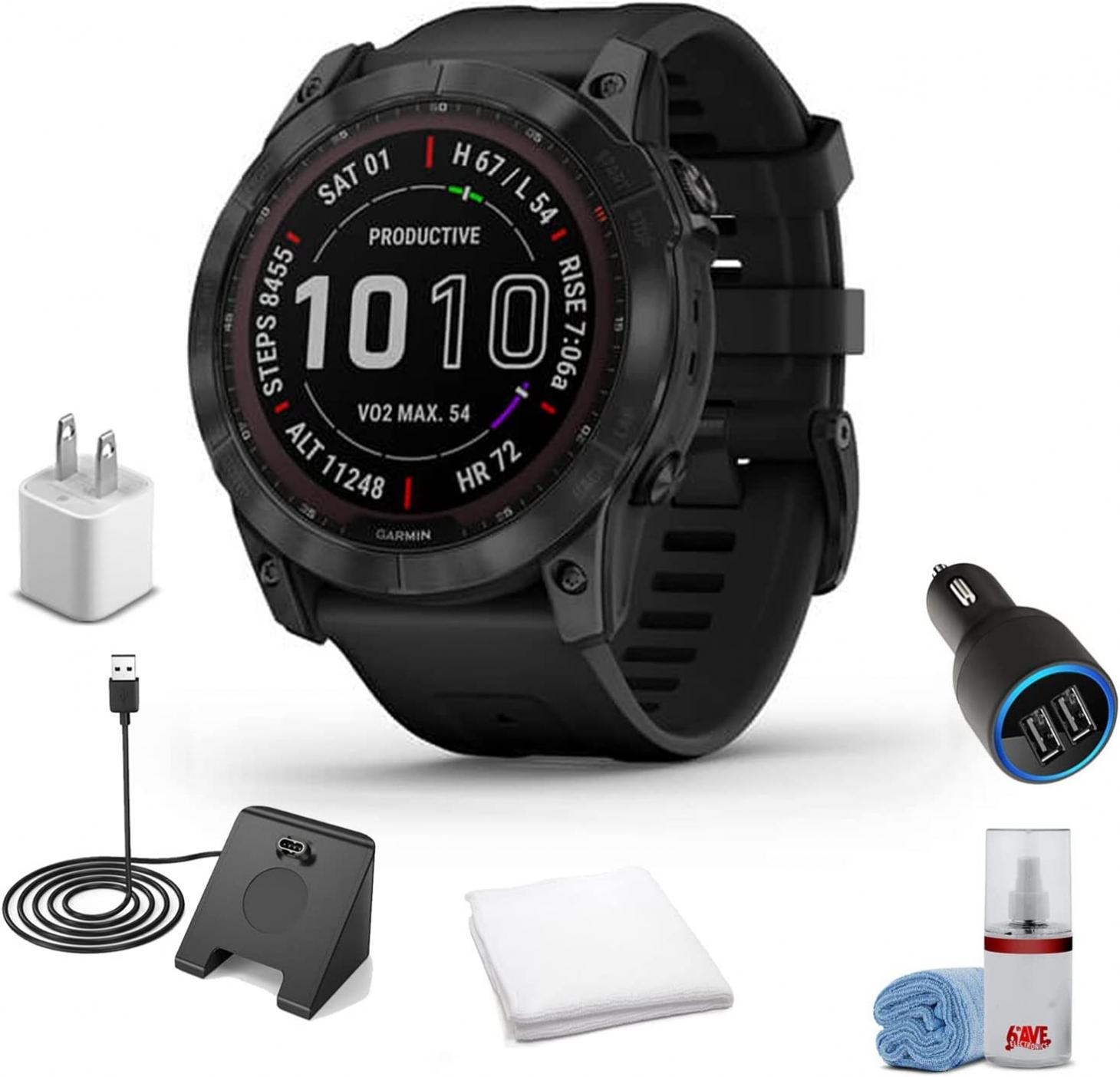 Garmin Fenix 7X Sapphire Solar Edition Smart Watch Black DLC Titanium with Black Band (51mm) + Watch Charging Stand + USB Car/Wall Adapter + 6TH AVE Cleaning Kit + Sweat Workout Towel (010-02541-22)