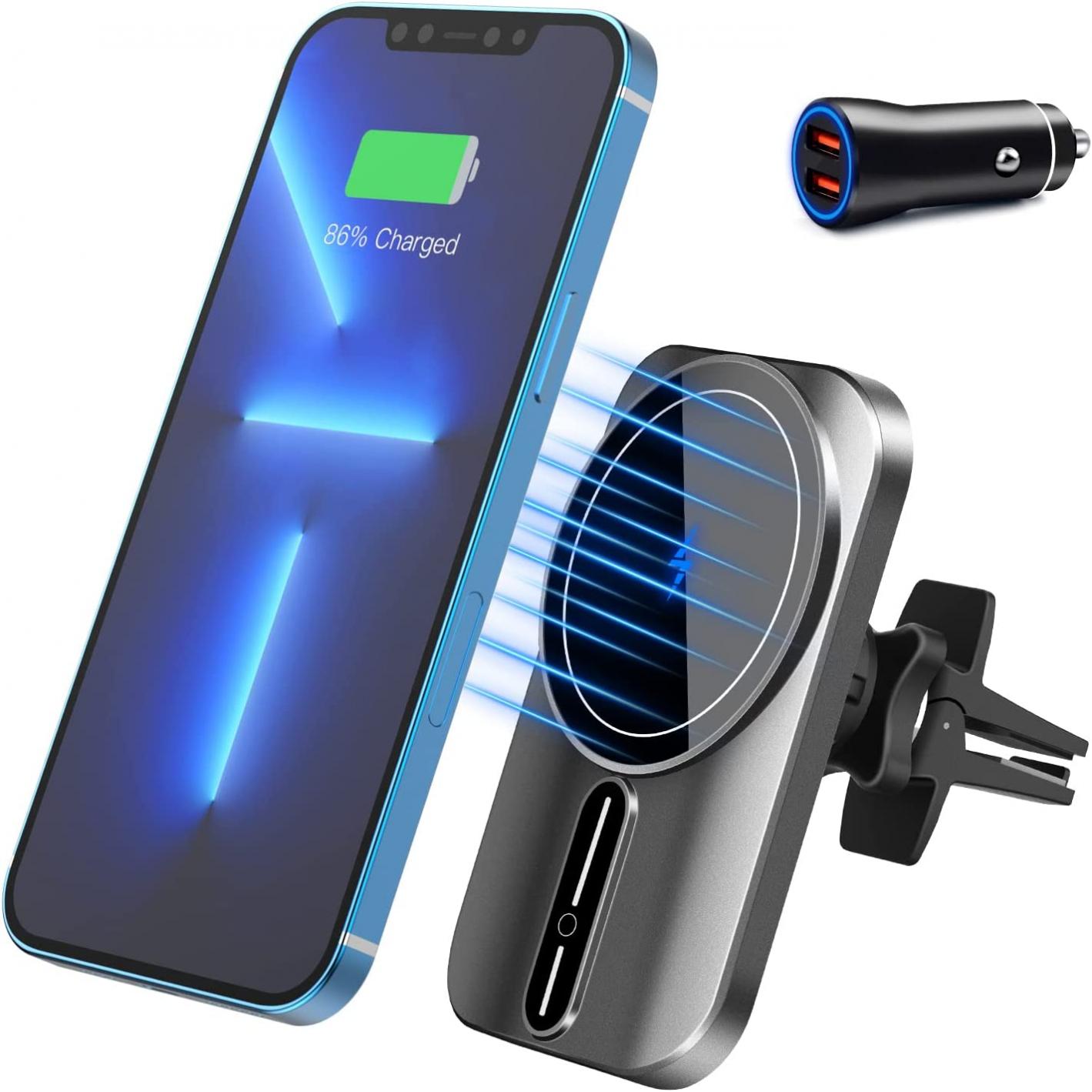 Magnetic Wireless Charger -【with QC3.O car Adapter】 WAITIEE Car Charger Mount for iPhone 13 12 Mini /12pro/12 pro max air Vent Phone Holder 360° Adjustable auto-Alignment Fast car Charging